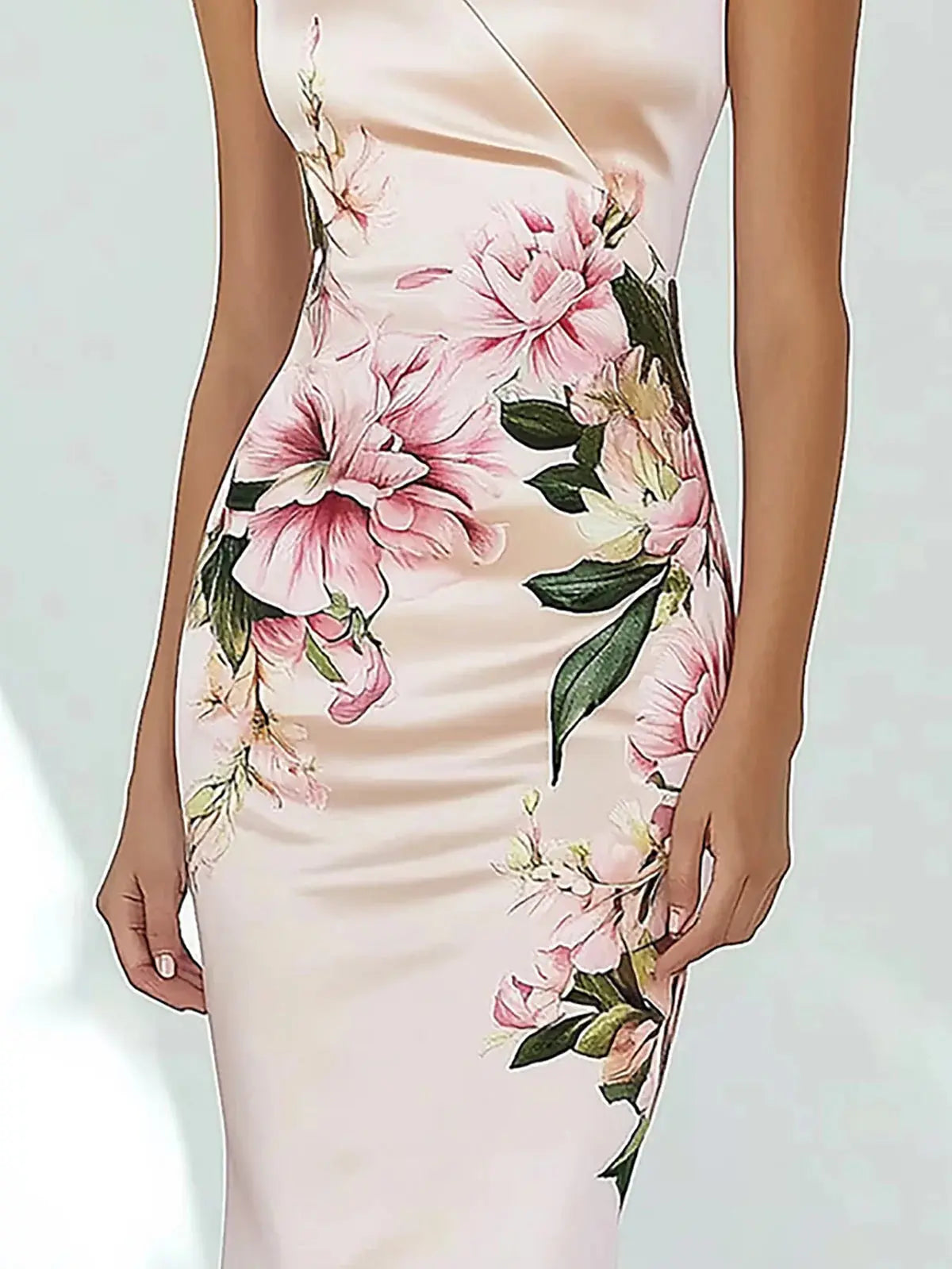 Göz Alıcı Pembe Saten Çiçek Desenli Elbise - Decostal