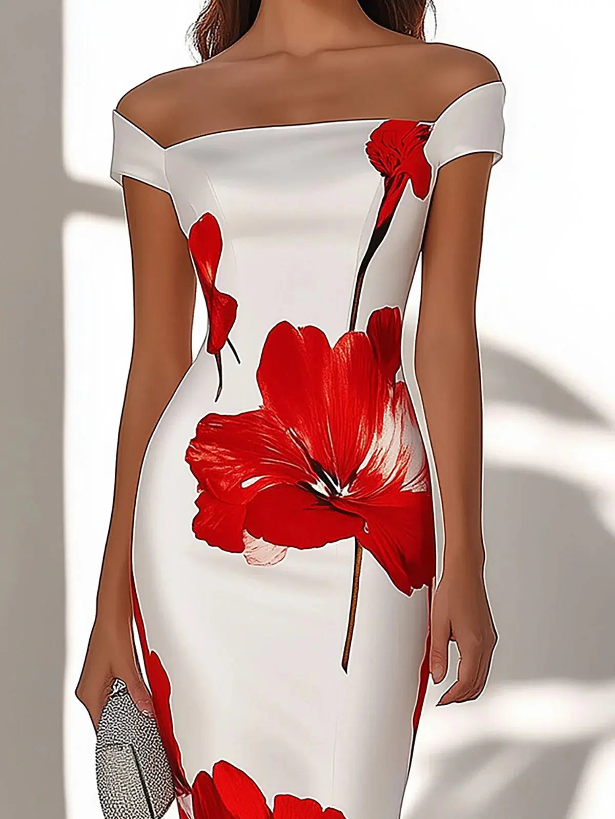 Zarif Beyaz Saten Elbise – Kırmızı Çiçek Baskılı - Decostal